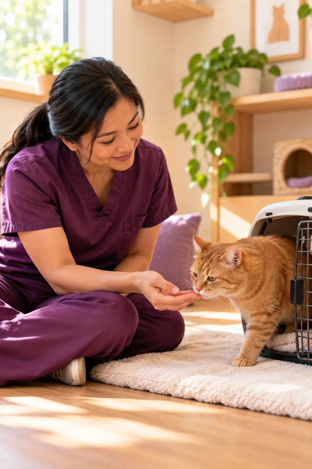 A vet sitting on the floor of a cat room while a curious ginger cat sniffs her hand