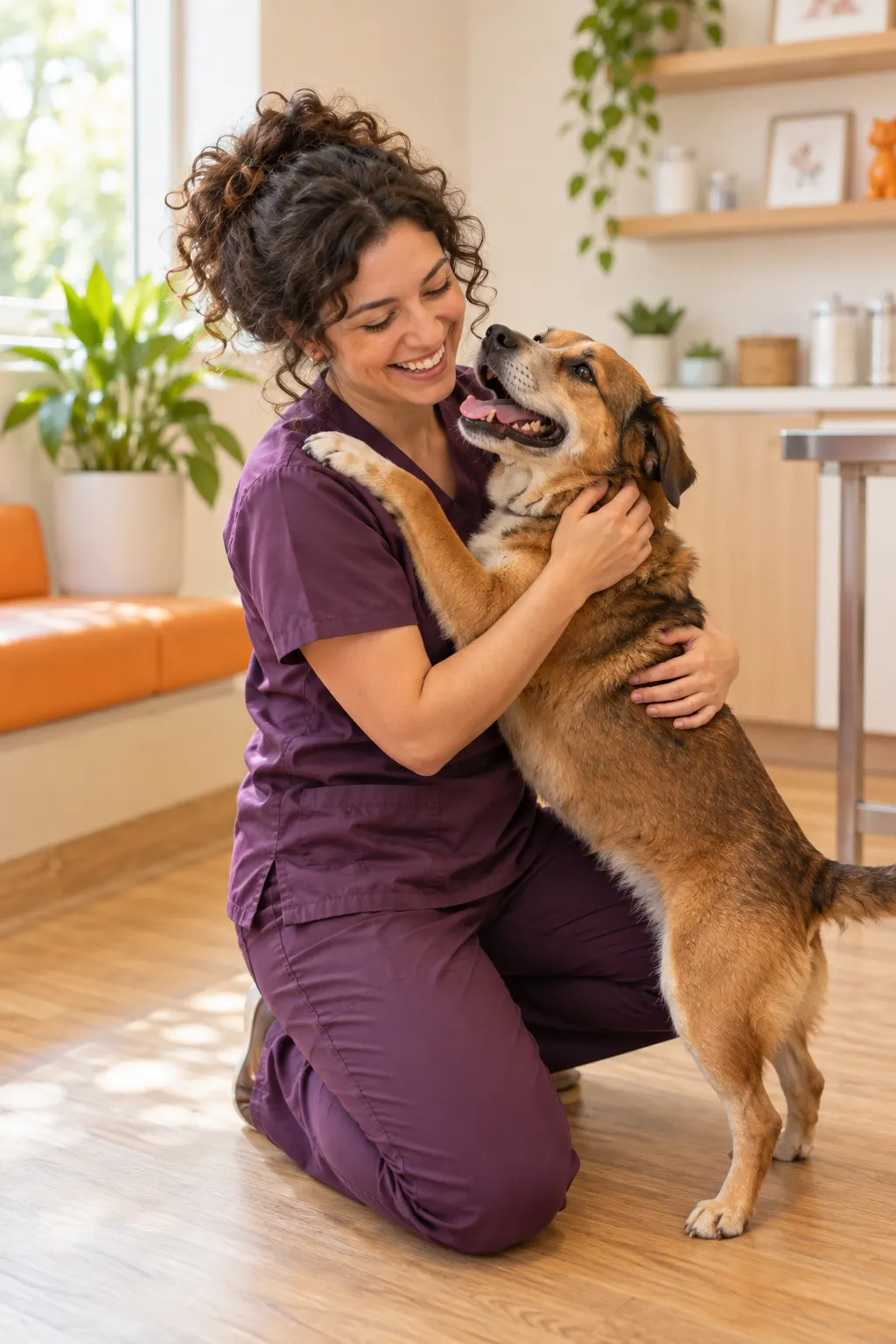 A vet kneeling on the clinic floor, laughing as a happy brown dog leans in for a hug