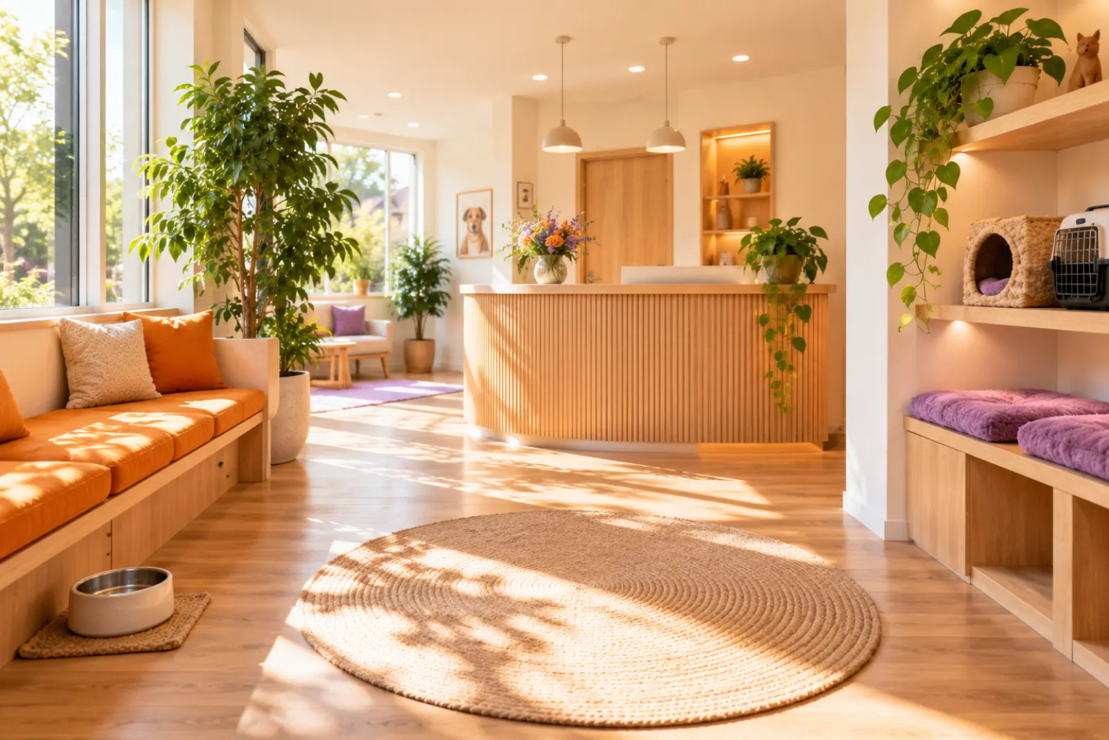 The bright clinic waiting room, with a dog side and a cat side, wooden benches and plants