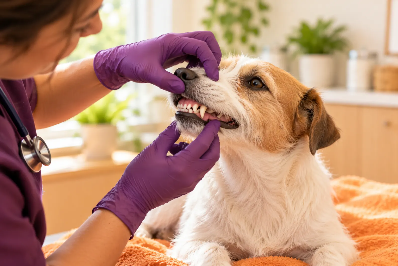A vet gently lifting a calm terrier's lip to check its teeth