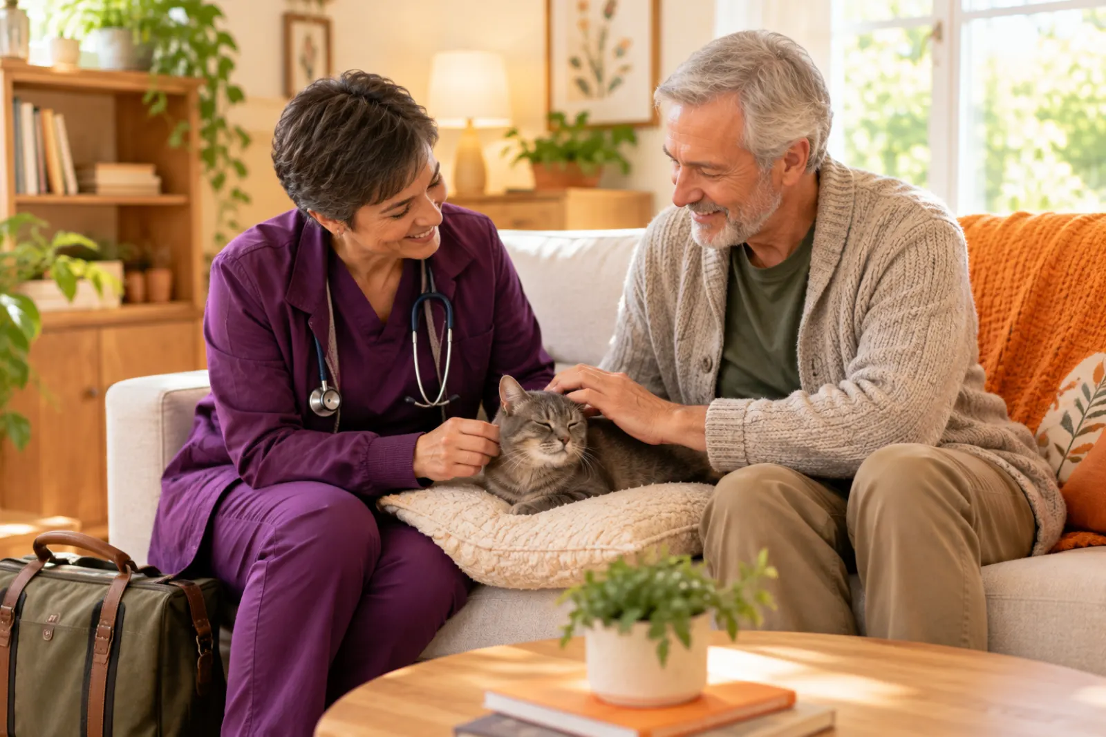 A vet on a house call, sitting on a sofa with an older man and his grey cat