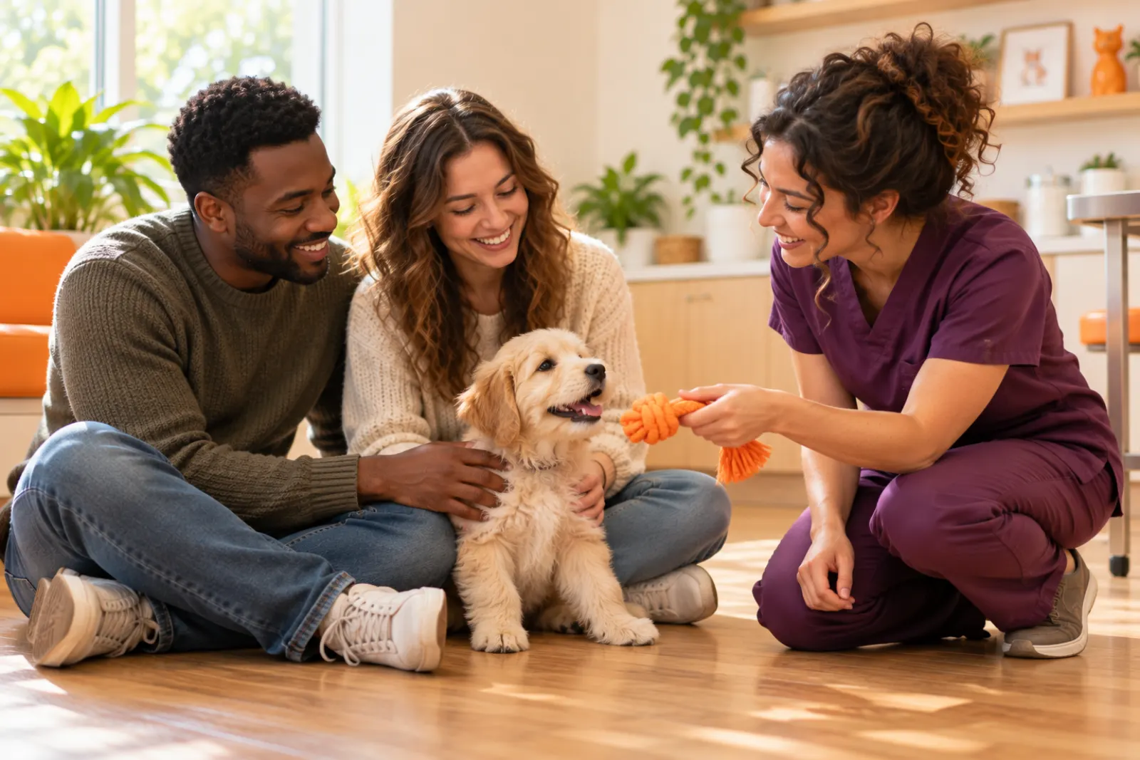 A young couple sitting on the clinic floor with their new puppy while a vet shows it a toy
