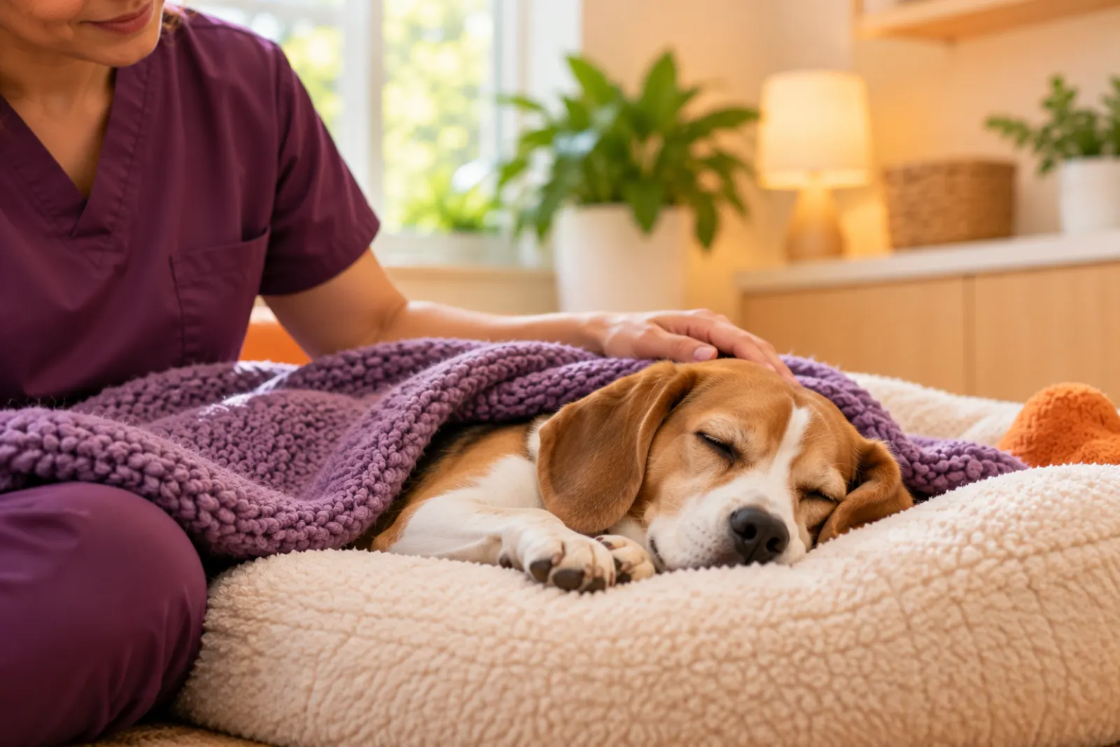 A small dog resting under a soft blanket in a quiet recovery room