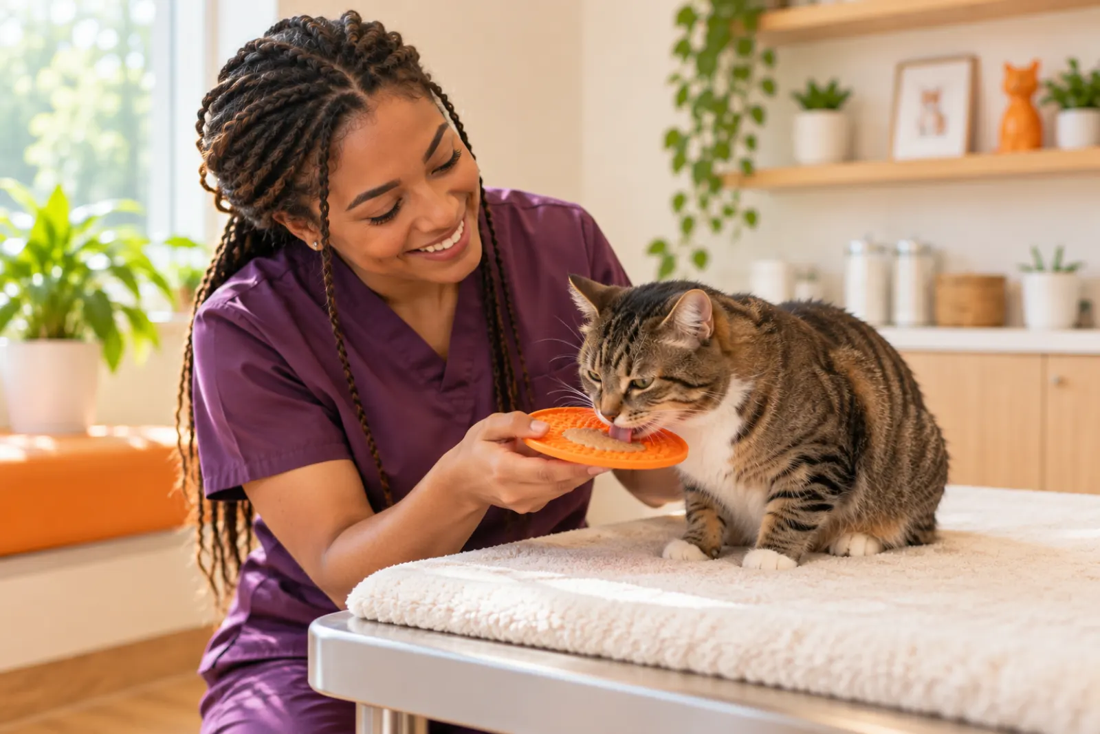 A vet nurse offering a lick mat to a calm tabby cat on a padded exam table