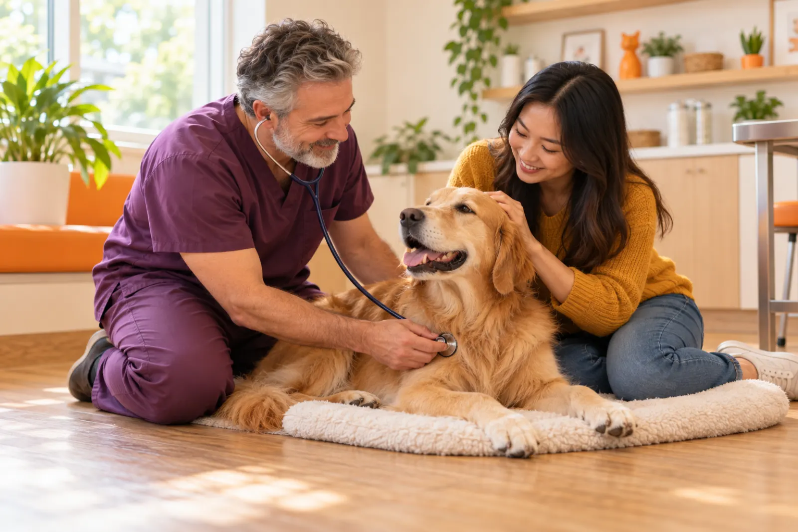 A vet listening to a relaxed golden dog's heart while its owner strokes its head