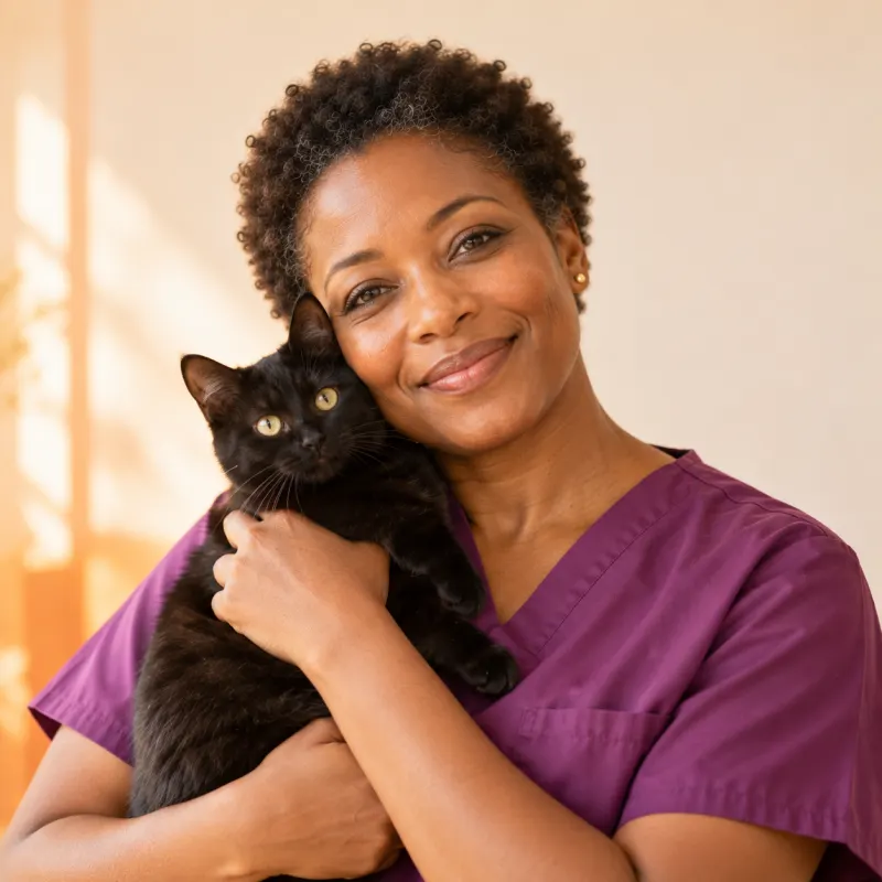 Portrait of Dr. Maren Okafor, a smiling vet holding a small black cat