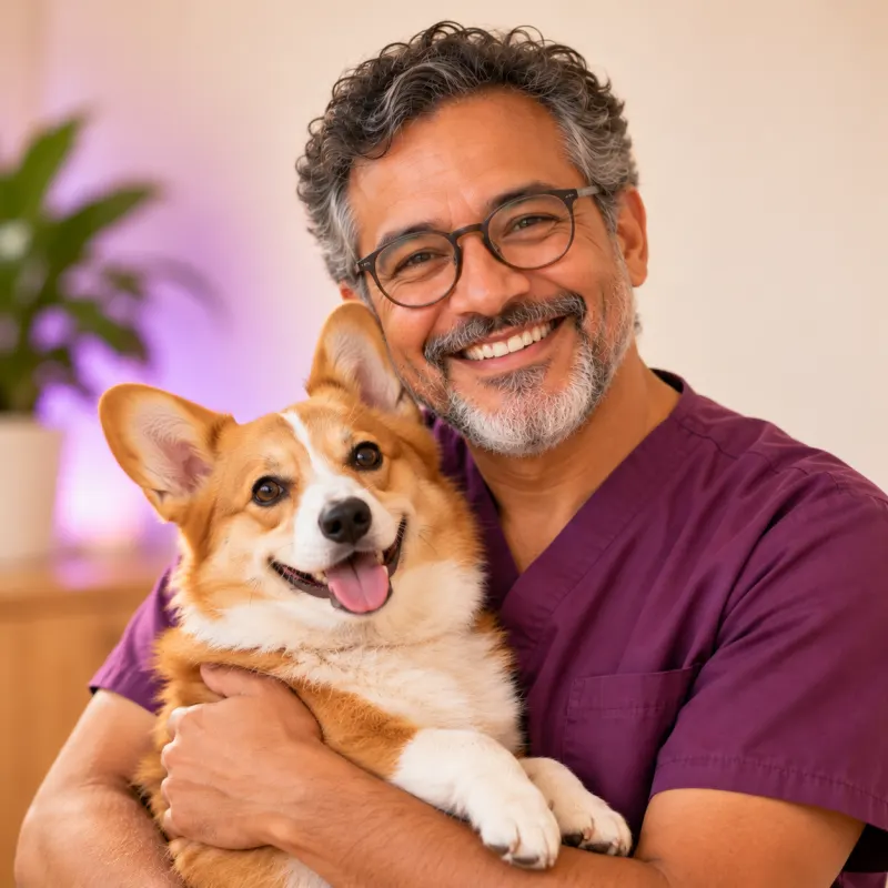 Portrait of Dr. Tomás Reyes, a vet with a grey beard and a corgi