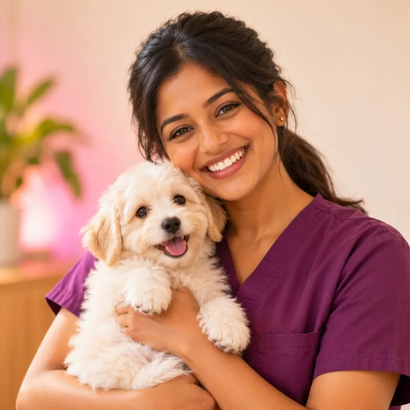Portrait of Priya Lund, a vet nurse holding a fluffy white puppy